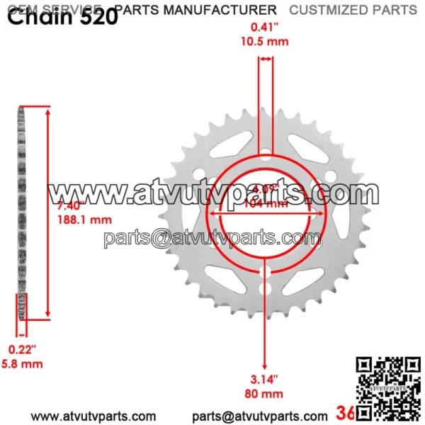 Rear Wheel Chain Sprocket for Polaris Scrambler 500 4x4 2000 2001-2012 36 Teeth (For: Polaris) - Image 2