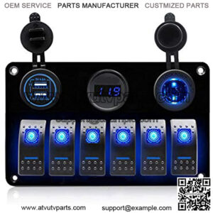 Gerguirry 6 Gang Waterproof Marine Boat Rocker Switch Panel with 12V/24V Dual USB Slot Socket + Voltmeter+ Power Socket Blue LED Backlight for Car SUV Marine RV Truck Camper Boat