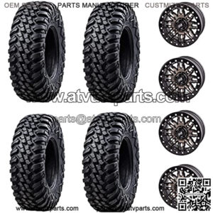 Four 32x10-14 Heavy Duty 8-Ply Radial UTV Tires mounted on Tusk TETON Beadlock Wheels - POLARIS UTVs - 4/156 bolt pattern - Includes Lug Nuts (4+3 Wheel Offset, Smoke)