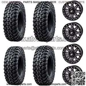 Four 32x10-14 Heavy Duty 8-Ply Radial UTV Tires mounted on Tusk UINTA Gun Metal Beadlock Wheels - POLARIS applications - 4/156 bolt pattern - Includes Lug Nuts (4+3 Wheel Offset)