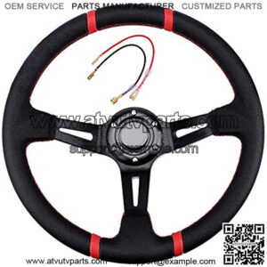Deep Dish Racing Steering Wheel Universal Leather Embroidery 13.58??/345mm 6 Bolts with Horn Button Include Cable, Wrench (Black)