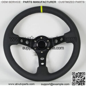 ST-006BK-Y, 350mm 3 Inches Deep Dish 6 Hole Racing Steering Wheel Black Leather Yellow Pointer with Horn Button ST-006BK-Y
