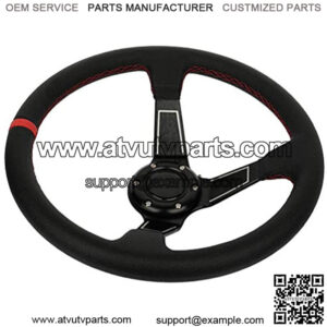 Universal 350MM Classic Steering Wheel, 6 Bolt Steering Wheel with Black Perforated Red Stitch PVC Leather