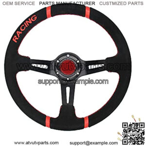 350mm 3 Inches Deep Dish 6 Hole Racing Steering Wheel Velvety Skin Grip Suede Wrapped Leather Red Pointer With Horn Button For Car Boat Truck Yacht