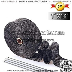 Exhaust Wrap Black 1" x 16' Roll for Motorcycle Fiberglass Heat Shield Tape with 4PC Stainless Ties (black)