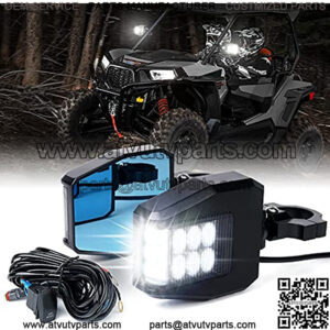 Aluminium UTV Side Rear View Mirrors Fit All 1.6-2 Inch Roll Bar Cage, Blue Anti-Glare Mirrors and Smoke Lens LED Spot Light for UTV ATV Can am Maverick X3 Polaris RZR XP 1000 Yamaha