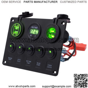 Green round illuminated switch + cigarette lighter holder + dual USB + voltmeter cination panel