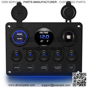 90101E 5Gang Multi-Function 5 Gang Rocker Dual USB r + Digital Volmeter +12V Outlet Pre-Wired Switch Panel with Circuit Breakers for RV Car Boat Truck Trailer,2 Years Warranty