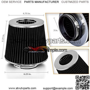 BLACK 3" 76 mm Inlet Cold Air Intake Cone Replacement Washable Clamp-On Dry Air Filter