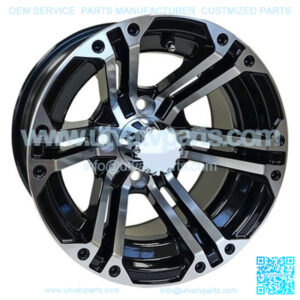 12" Golf Cart Wheel, Machined/GloBlack Rim & Chrome Center Cap, 12x7 ET-25