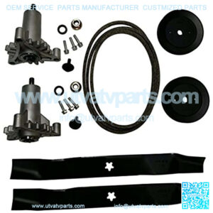 deck rebuild kit for poulan included 2 heavy duty spindles 130794, 2 mulcher blades 134149, 2 pulleys 173436, deck belt 144959 95"