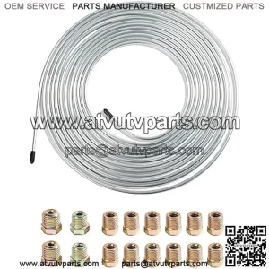 25 Ft Flexible Tube Line Roll,1/4" Brake Line Tubing Kit,Copper Coated Alloy Brake Line Tubing Coil with 16 Inverted Flare Fittings,Fuel Line Coil(Silver)