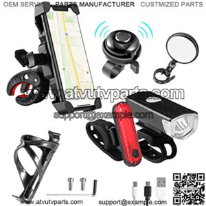 6 Pack Bike Accessories, Bike Lights Front and Back(USB Cable Included), 360 Rotation Bike Phone Mount, 1 Bike Mirror for Handlebars, 1 Pack Bike Water Bottle Holder and 1 Bicycle Bell